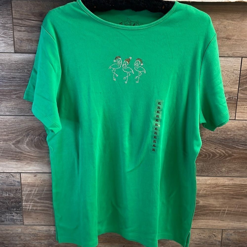 NWT Coral Bay Flamingo Holiday Tshirt,Green, Rhinestone Santa Flamingoes,Size XL